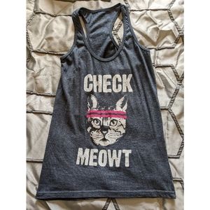 Women's Small Gray Check Meowt Cat Tank Top